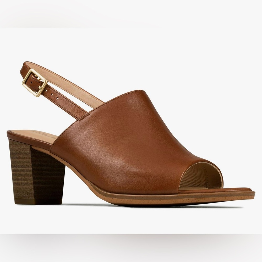 Clarks Leather Kaylin 60 Sling Back 2.5” Block Heeled Sandals Brown Size 6